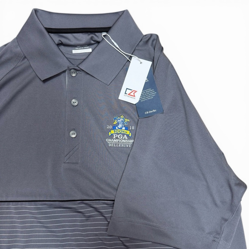 Cutter & Buck Men L 2018 100th PGA Championship Gray Polo Shirt CB DryTec New